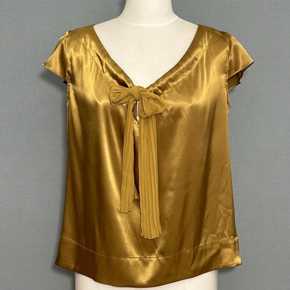 Y2K Gold Satin Chiffon Tie Women Top M Feminine Coquette Regency Elegant Party